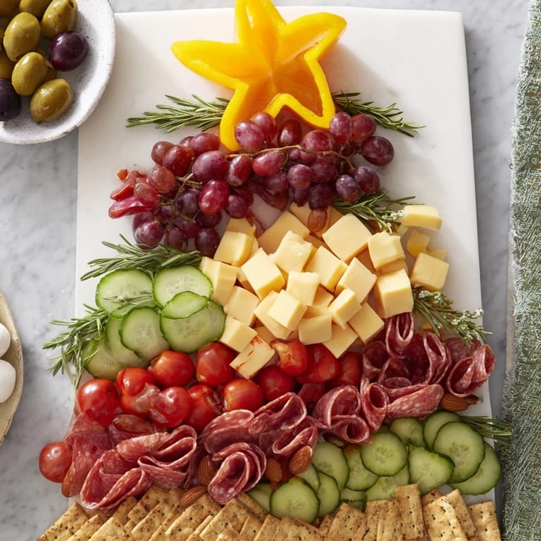 This Christmas Tree Snack Board features a visually appealing arrangement of savory snacks perfect for holidays.