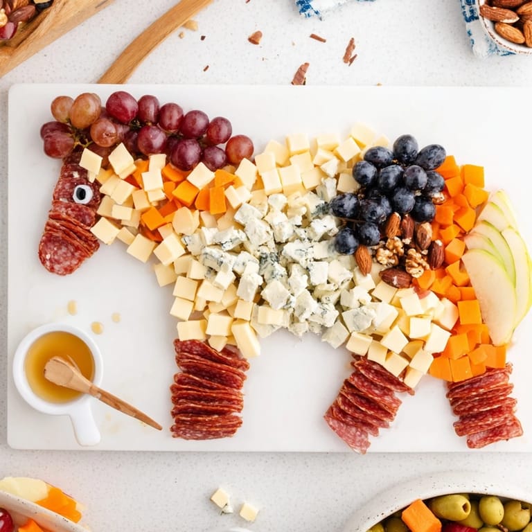 A beautifully arranged horse-shaped grazing board showing the variety of cheeses, crackers, and snacks ready to eat.