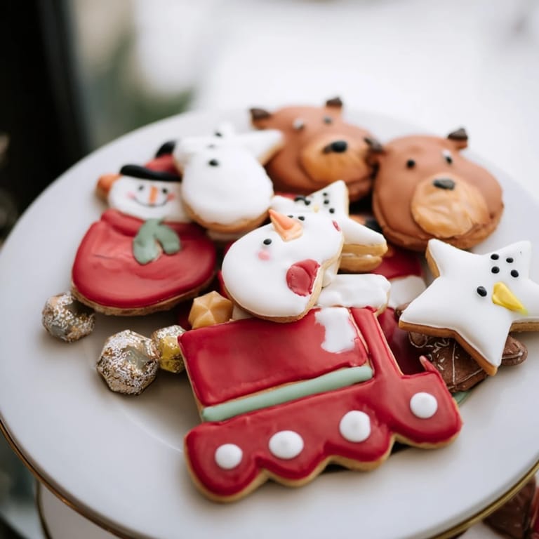 Close-up of a whimsical Santa's Sleigh cookie scene with reindeer, stars, and colorful details.