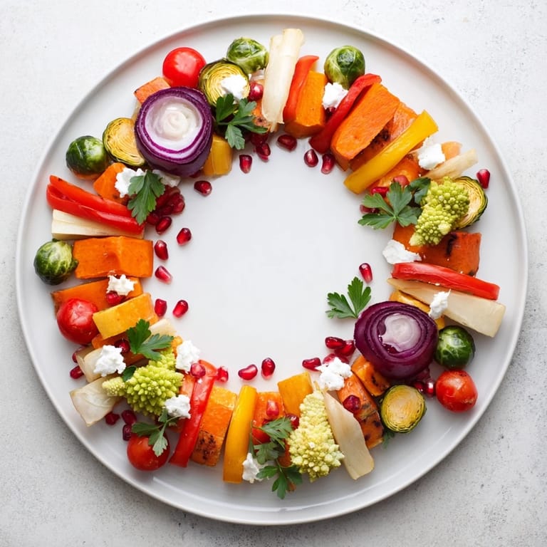A colorful medley: roasted Festive Vegetable Christmas Wreath, garnished with pomegranate for a sweet, savory bite.