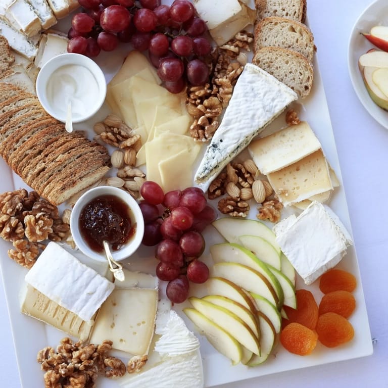 A beautifully arranged Cheese Platter Cœur Passion showcases various cheeses, fruits, and nuts for elegant entertaining.