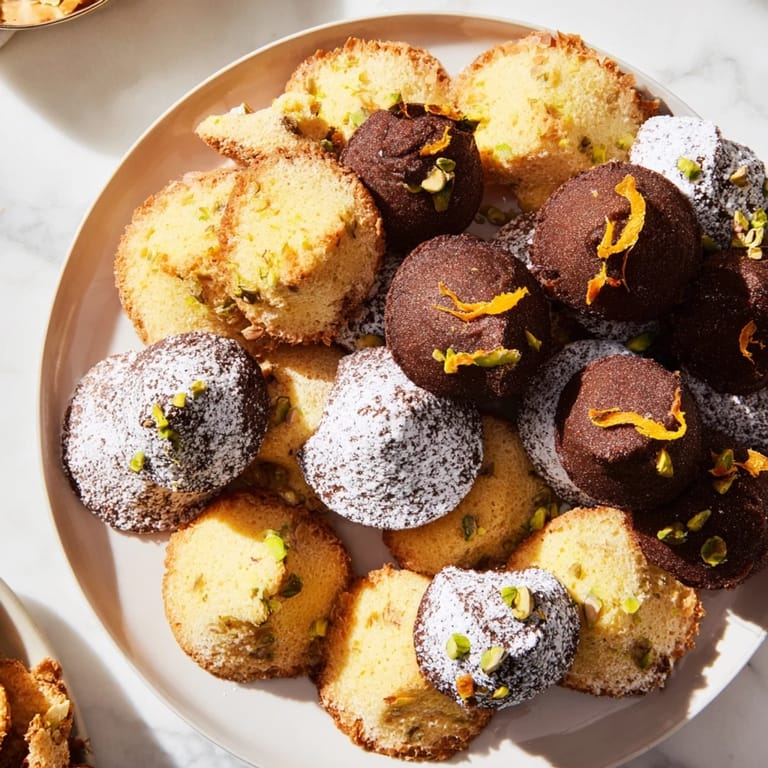Delectable assortment of Mignardises Bonne Année 2026: Financiers, madeleines, and chocolate treats dusted with sugar.