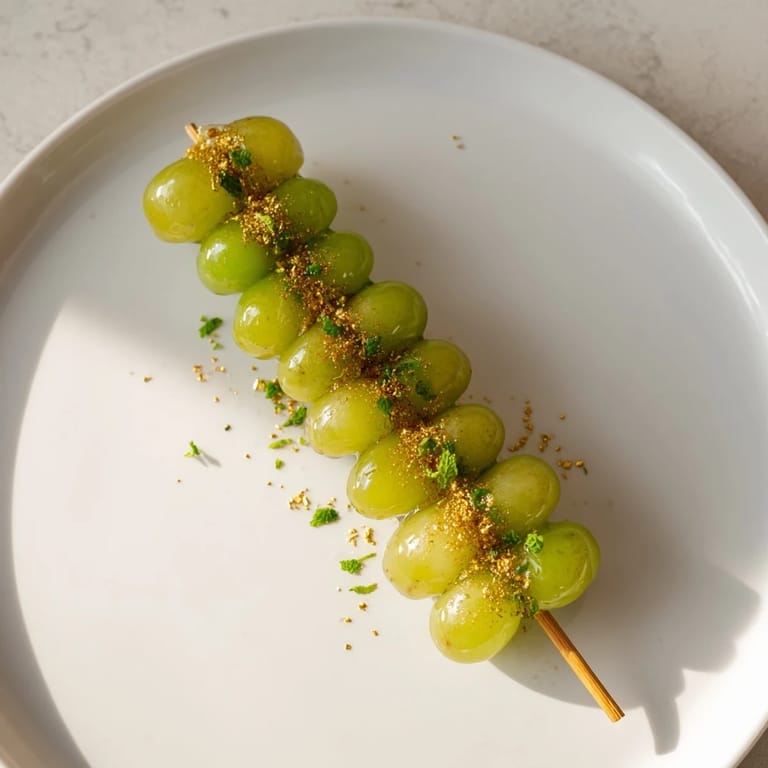 Festive grapes of luck countdown skewers, glistening with optional honey and golden sprinkles.
