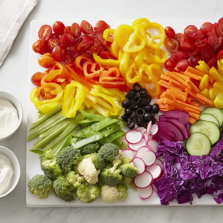 Vibrant Colorful Vegetable Rainbow Board appetizer with a beautiful arrangement of colorful, crunchy raw vegetables.