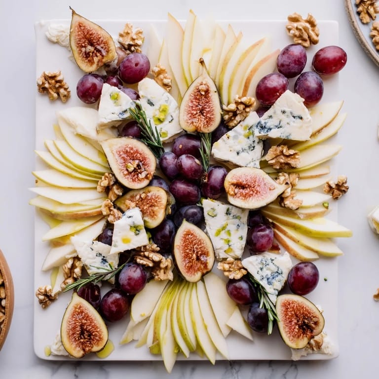 A beautifully arranged Fig and Walnut Star Board appetizer, featuring fresh figs, drizzled maple syrup, and tasty walnuts.
