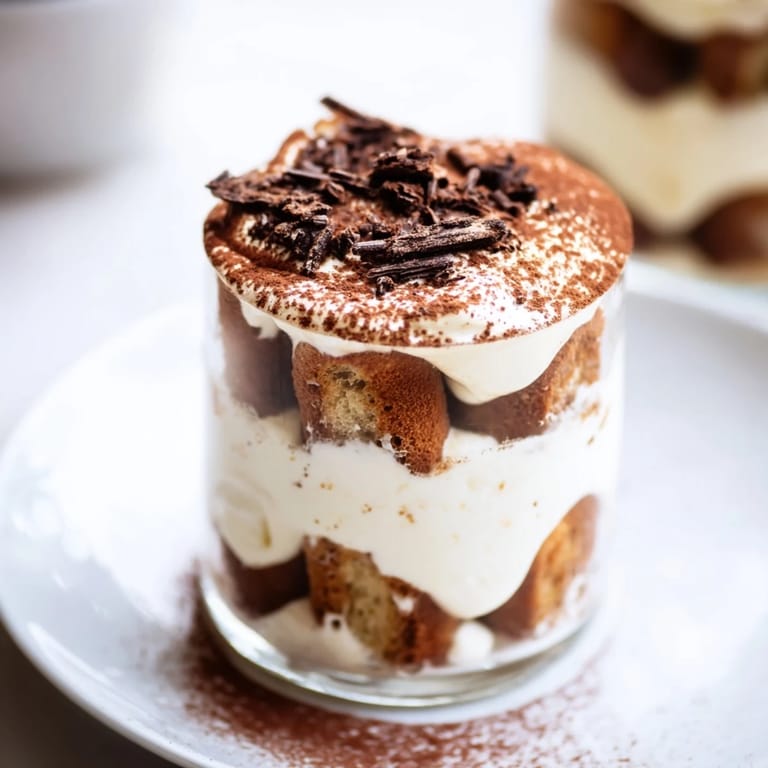 Bite-sized Countdown Tiramisu Shots topped with cocoa, showcasing creamy mascarpone filling and ladyfingers.
