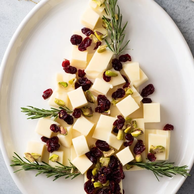 Delicious white cheddar tree appetizer, layered with cranberries, ready to serve with crackers.