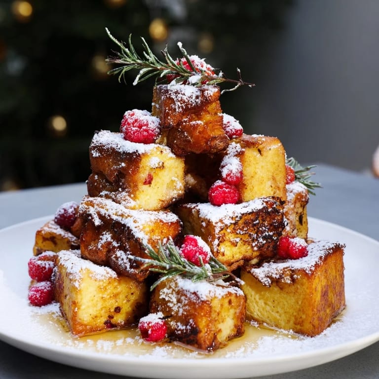 Delicious, bite-sized Eggnog French Toast Bites arranged in a tree, perfect for a cozy holiday breakfast.
