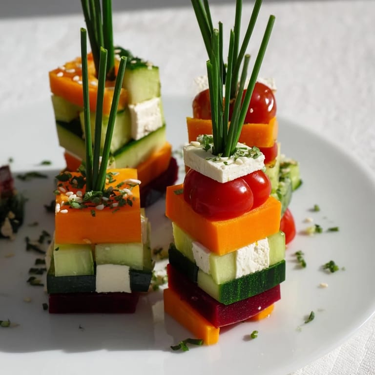 Colorful gift boxes: a view of Stacked Gift Box Veggie Cubes, a festive and appealing vegetarian appetizer.