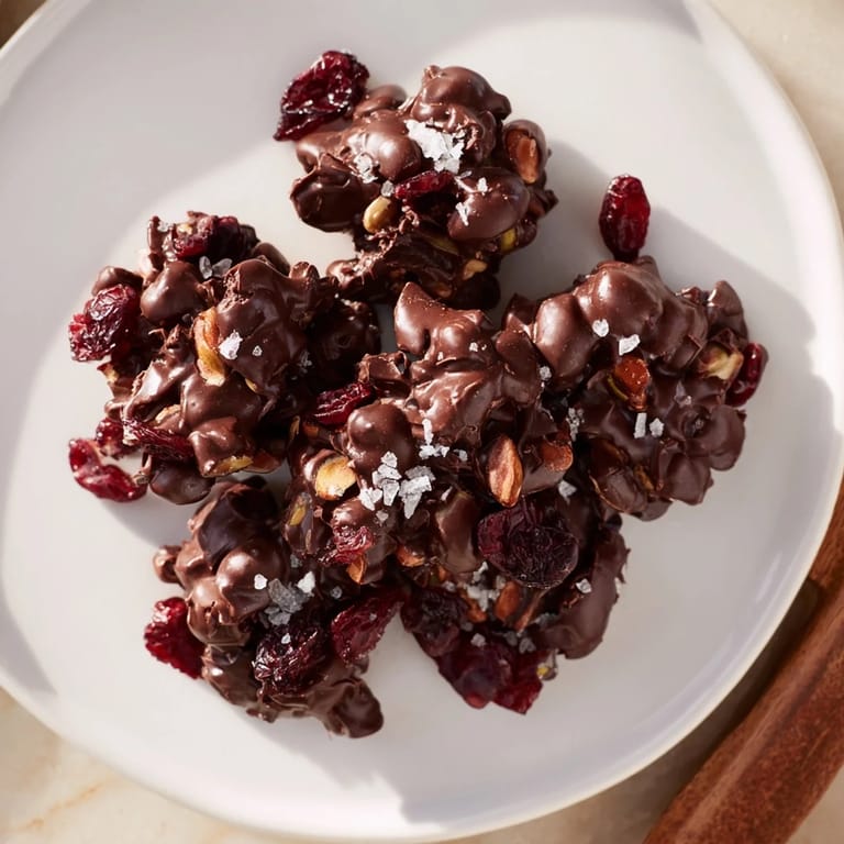 Close-up of glossy Pistachio and Dried Cranberry Clusters, showcasing the tartness of the dried cranberries and smooth chocolate.