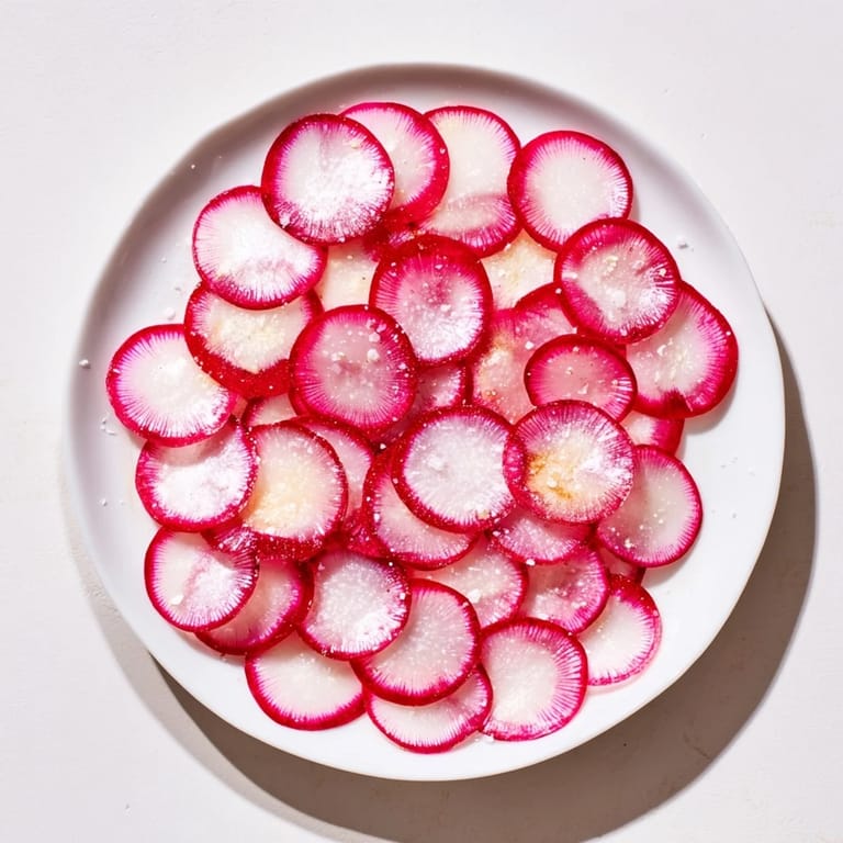 Close-up of freshly sliced radishes with sea salt, an easy snack ready in minutes.