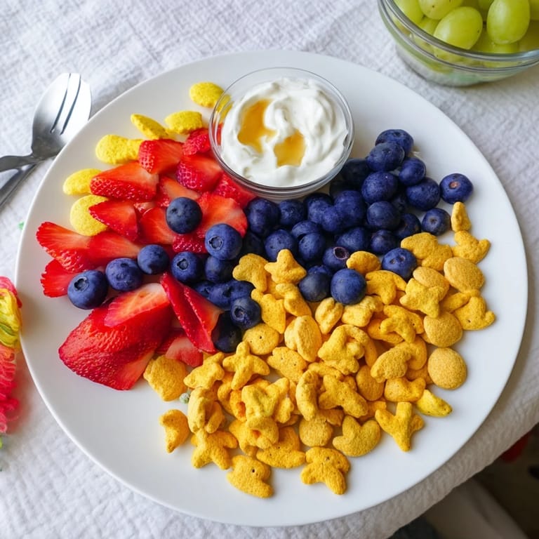 A tempting view of Goldfish crackers, fresh fruit, and yogurt; a perfect kid-friendly, playful snack platter.