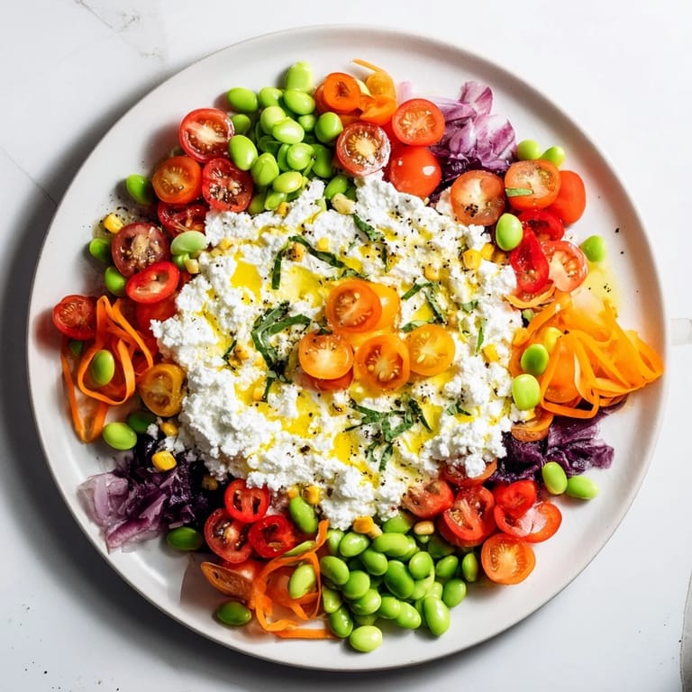 Freshly drizzled Prism Burst salad with a visual kaleidoscope of fruits and vegetables ready to serve.