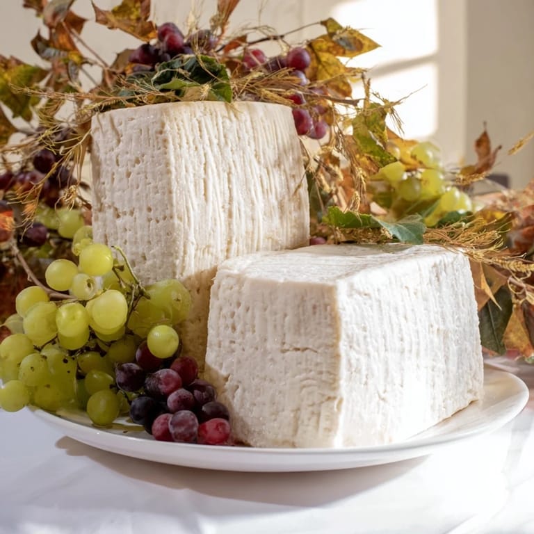 Serve this "Rustic Vineyard" appetizer: a vibrant cheese display with grapes & vines, ready to enjoy.