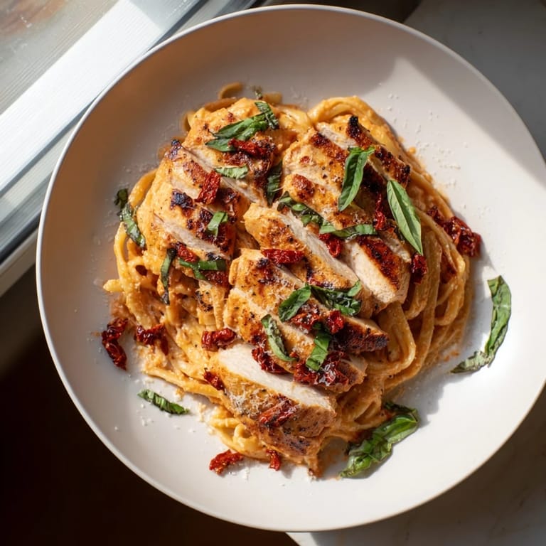 Golden chicken breasts are bathed in a creamy, red-hued Creamy Sun-Dried Tomato Chicken Skillet sauce.