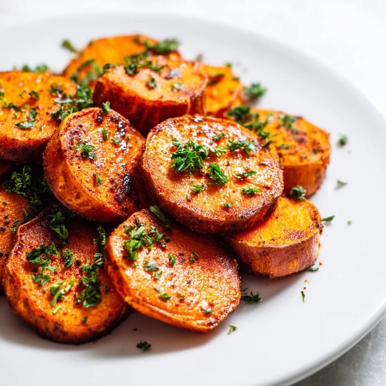 Crispy-edged Cajun roasted sweet potatoes, sprinkled with herbs, providing a delicious spicy side.