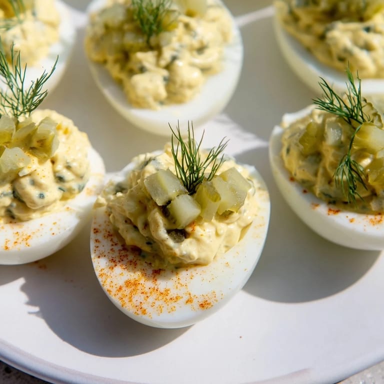 Tangy Dill Pickle Deviled Eggs: a close-up photo of the classic party appetizer, ready to serve.