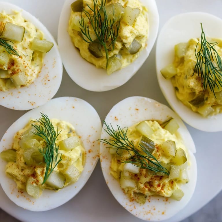 Beautifully plated Dill Pickle Deviled Eggs, with paprika and pickle garnish, waiting at the table.