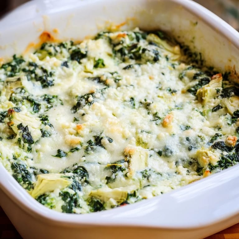 Golden-brown, irresistible Cheesy Spinach Artichoke Dip, perfect for a party appetizer spread.