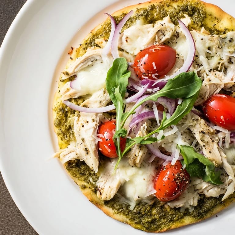 Freshly assembled Pesto Chicken Flatbread with vibrant pesto, waiting to be baked until golden.