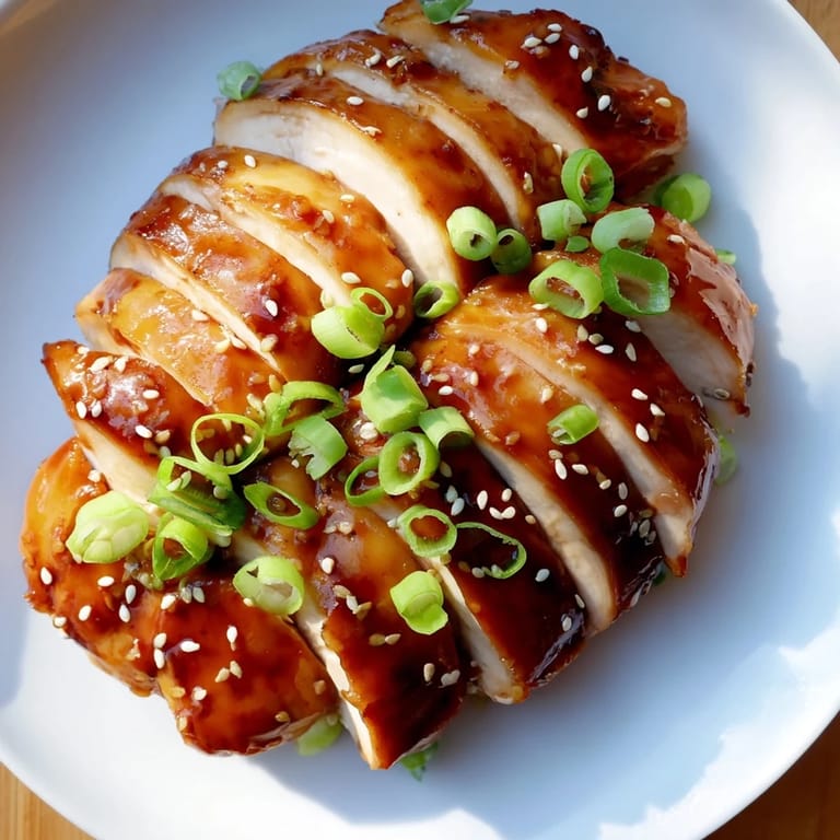 Golden-brown Sweet and Spicy Sriracha Honey Chicken, beautifully glazed, served with a garnish of green onions.