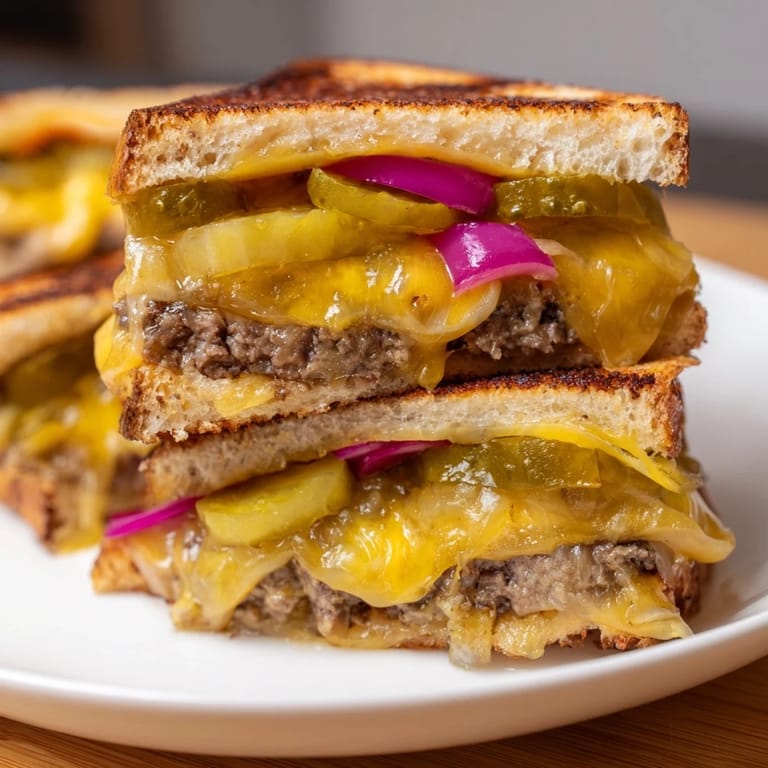 Perfectly grilled Smashed Burger Grilled Cheese sandwich paired with pickles and mustard for a savory bite.