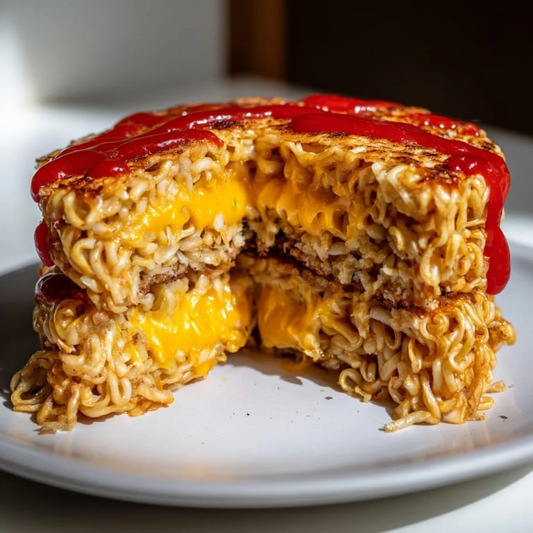 Gooey cheese melts between crispy ramen noodles in this delicious Instant Ramen Grilled Cheese.