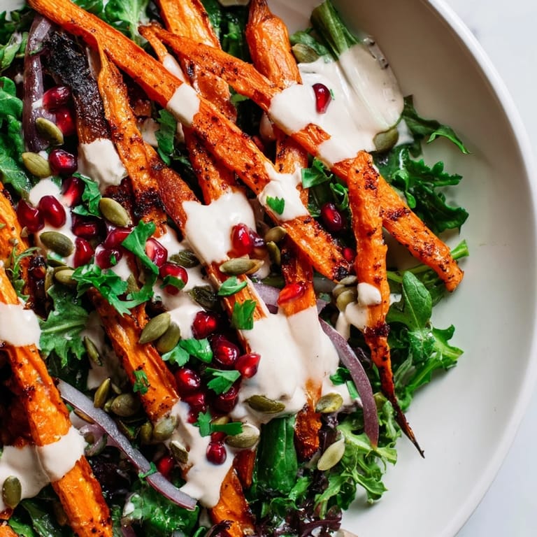 This vibrant roasted carrot salad boasts perfectly caramelized carrots, drizzled with tangy tahini-lemon dressing.