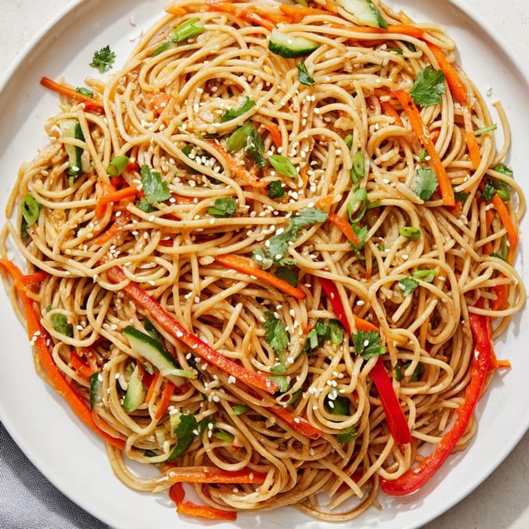 This Garlic Noodle Salad features vibrant vegetables and glistening noodles, ready for a refreshing bite.