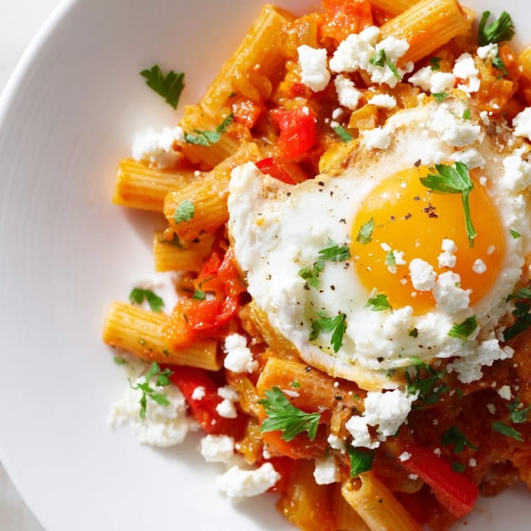 Savory Quick Shakshuka Pasta combines al dente pasta with a spicy, rich shakshuka sauce, inviting aroma.