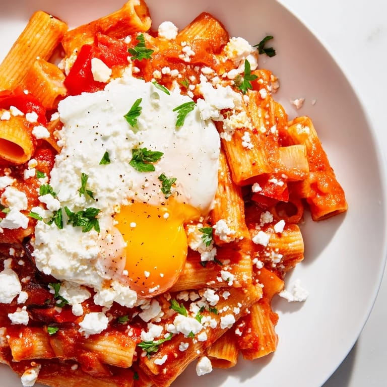 A close-up shot of Quick Shakshuka Pasta showcases pasta twirled in a vibrant tomato and egg mixture.