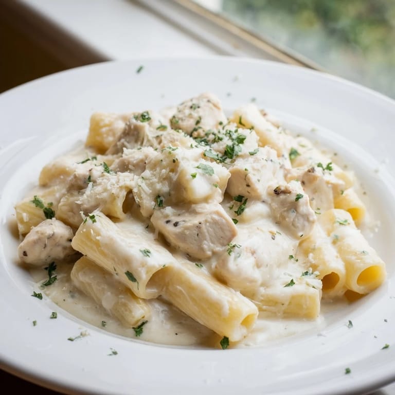 Golden brown Chicken Alfredo Bake offers a comforting family dinner, rich with Alfredo sauce and pasta.
