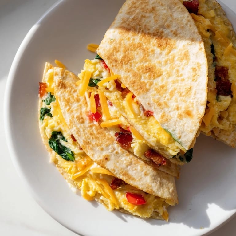 Folded tortilla breakfast quesadilla, a close-up image showcasing the melted cheese and delicious fillings inside.
