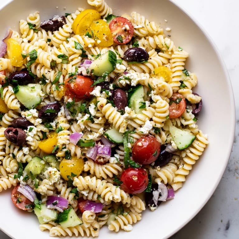 A vibrant bowl of lemon pasta salad, showcasing fresh herbs, olives, and a light, tangy dressing for summer.