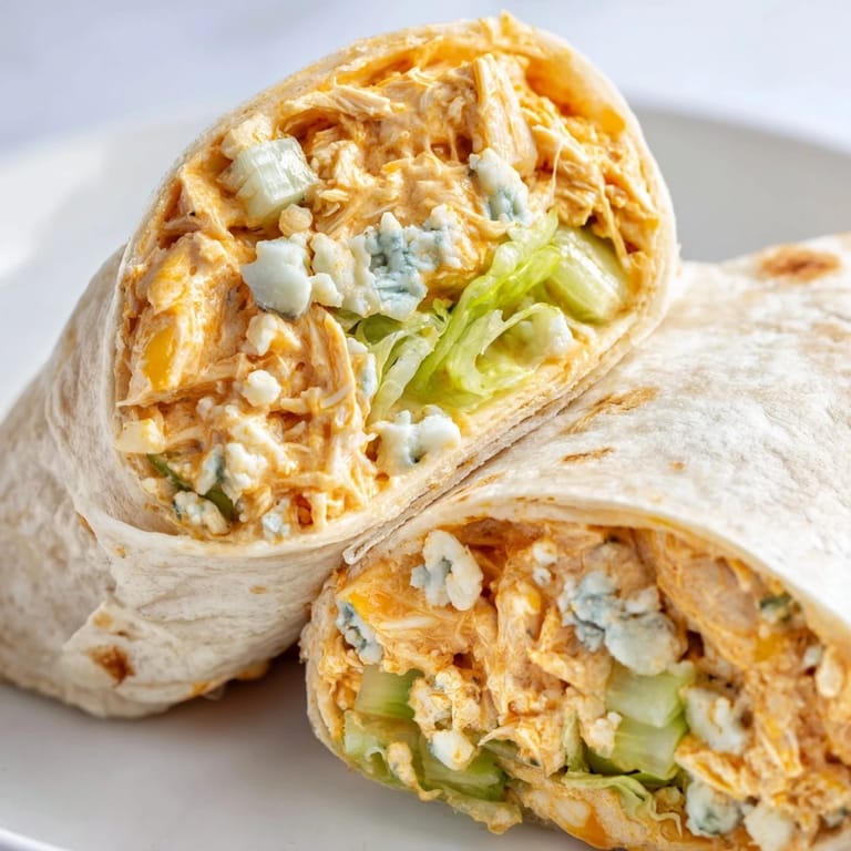 A close-up shot of a Buffalo Chicken Dip Wrap showcasing the creamy filling and fresh veggies inside.