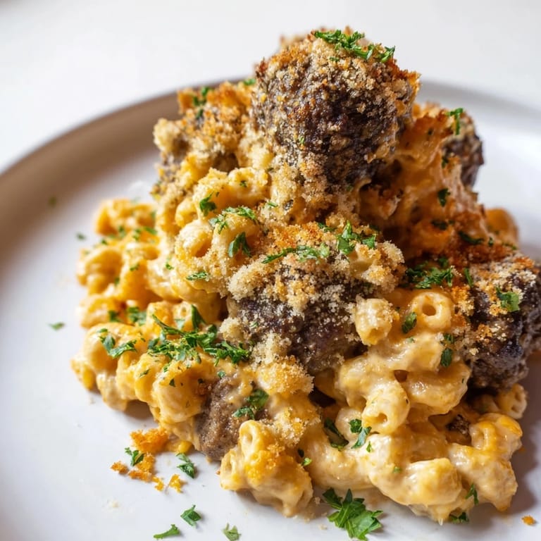Enjoy the rich scent of this comforting Mac & Cheese Meatball Bake, fresh from the oven, ready to serve.