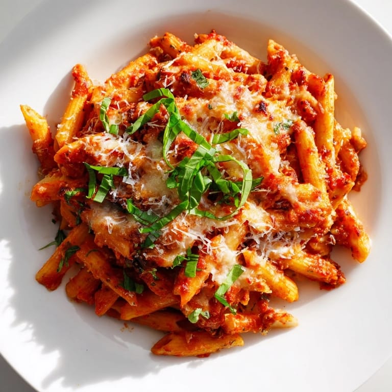 A close-up of cheesy Baked Penne Arrabbiata with bubbling sauce, perfect for a cozy dinner.