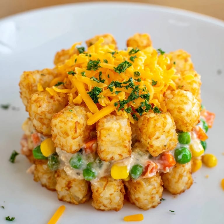 Get ready for an easy, family-pleasing meal; a close-up of cheesy, savory Tater Tot Casserole.