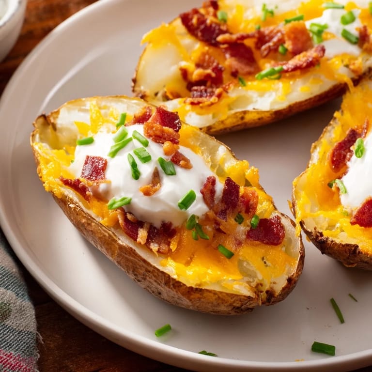 Golden, crispy loaded baked potato skins topped with bacon, sour cream, and fresh chives.