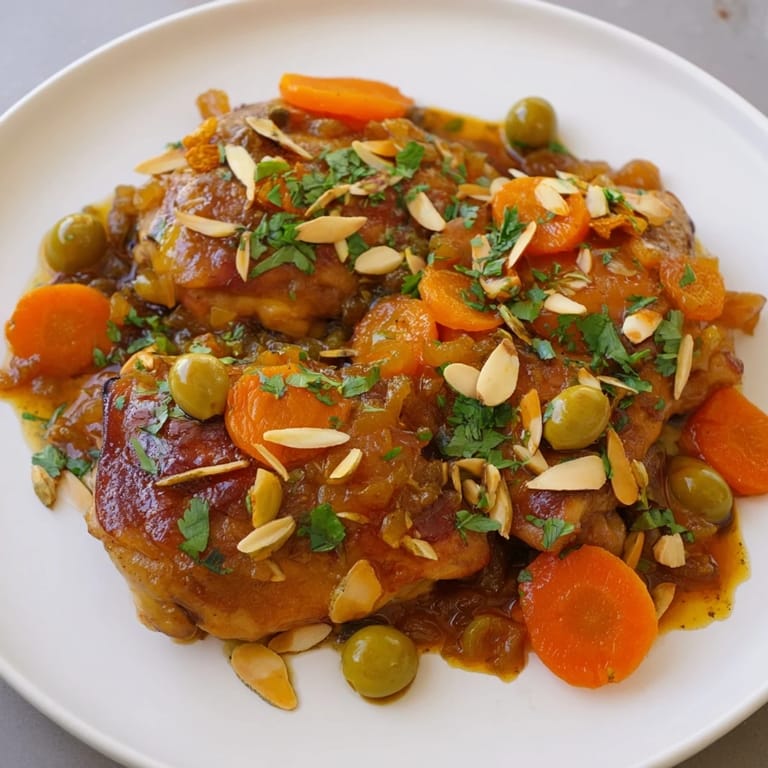 See a fragrant Moroccan tagine chicken, garnished with cilantro and toasted almonds, ready to eat.