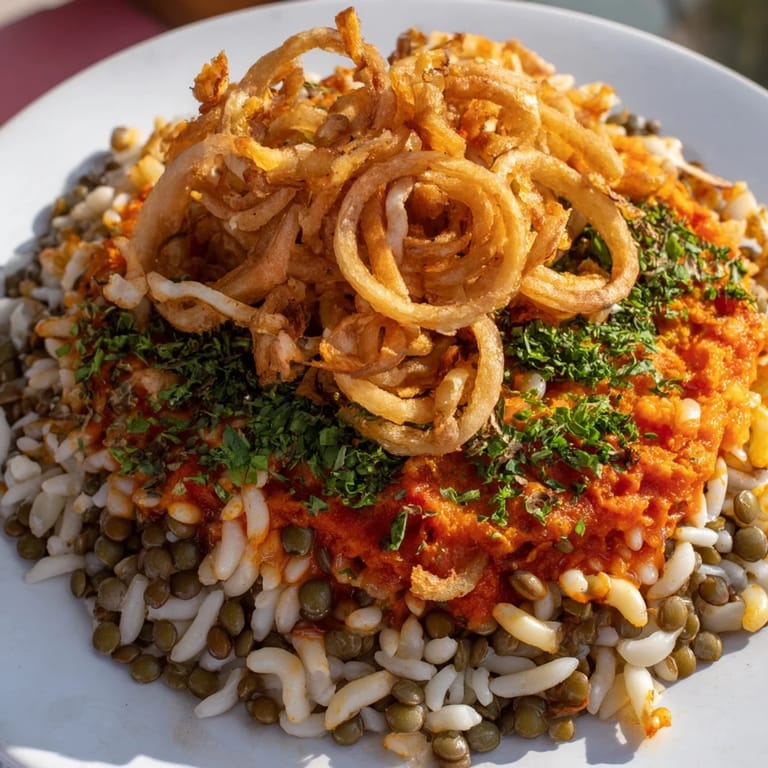 Golden-brown crispy onions top a delicious serving of Egyptian Koshari, a flavorful vegan meal.
