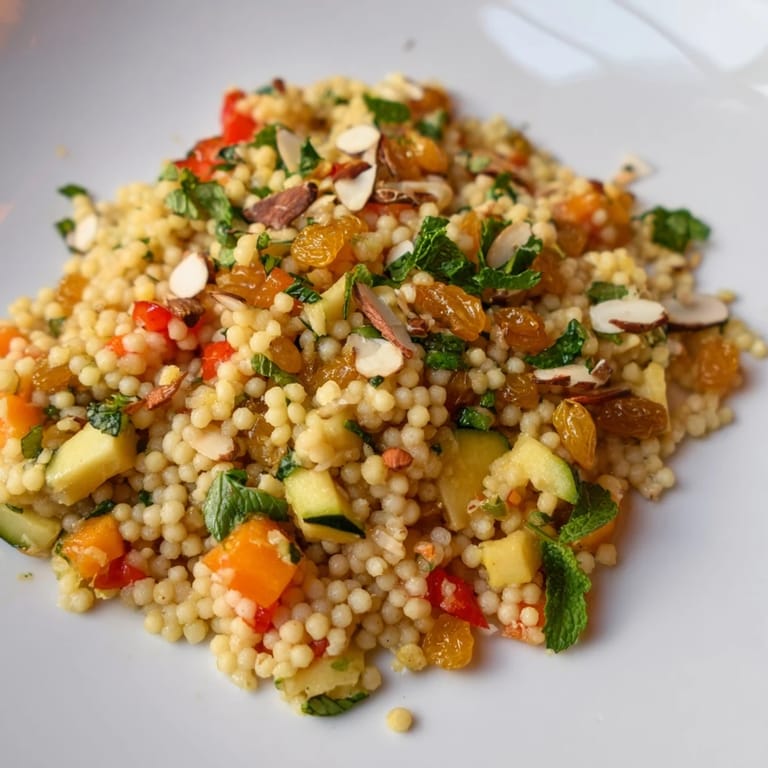 Fresh, bright Moroccan Couscous Salad ready to serve: a perfect vegetarian lunch option.