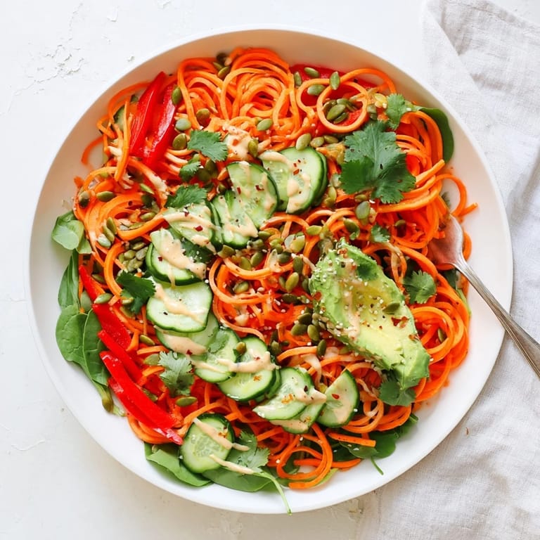 Overhead view of the nourishing Carrot Noodle Skincare Bowl, highlighting the creamy avocado slices, pumpkin seeds, and a drizzle of zesty tahini dressing over the fresh vegetables.