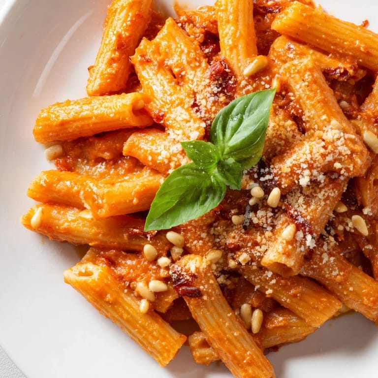 A bowl of homemade Sun-Dried Tomato Pesto Pasta, perfect for a quick vegetarian Italian dinner for four.
