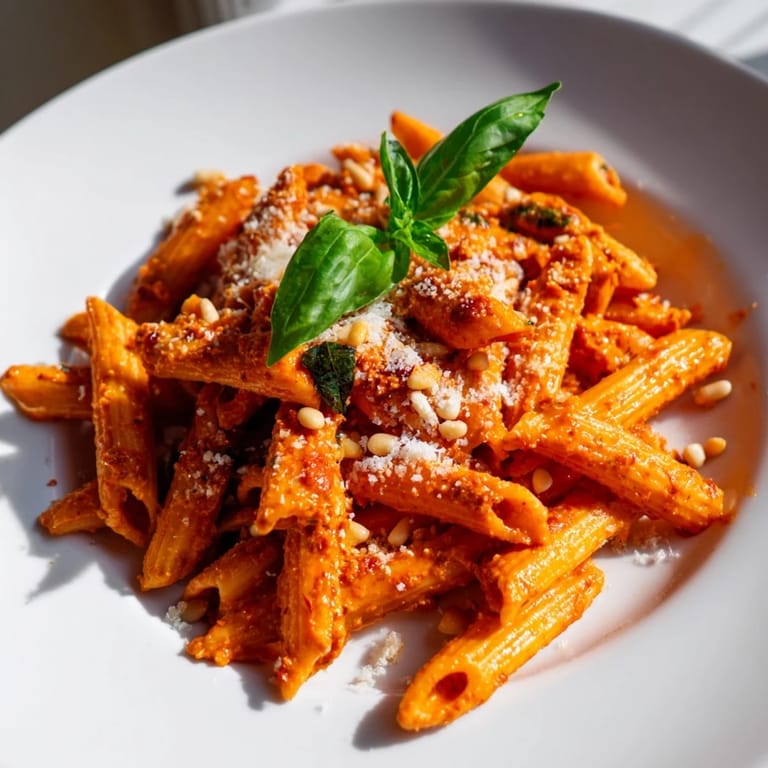 Close-up of vibrant red Sun-Dried Tomato Pesto Pasta served in a white bowl, garnished with pine nuts.