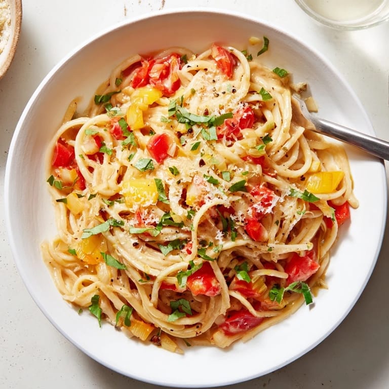 Sautéing onions and roasted garlic cloves for a rich, aromatic pasta sauce in a skillet.