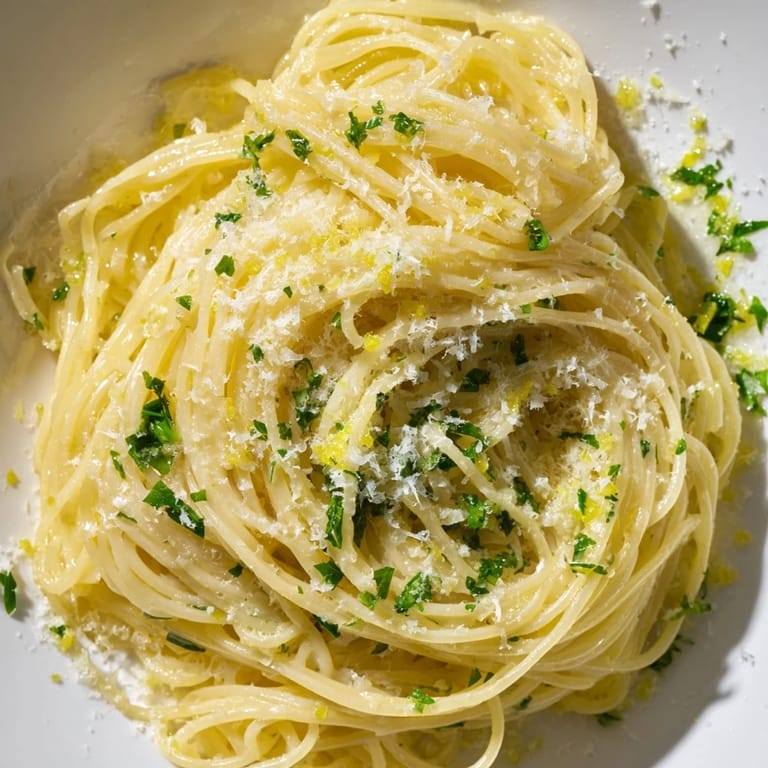 A close-up of Lemon Butter Pasta Light, with a zesty lemon wedge and grated cheese beside the silky angel hair pasta.  
