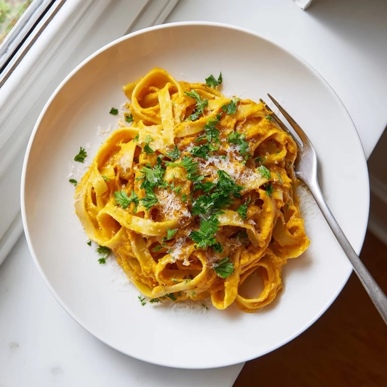 Vibrant, caramelized butternut squash puree swirls in a blender alongside sautéed onions and sage, creating a velvety base for this comforting vegetarian pasta dish.