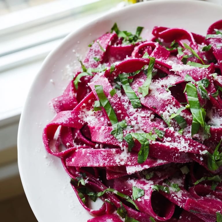 A close-up of homemade beet noodle pasta tossed with butter and herbs on a white ceramic plate.