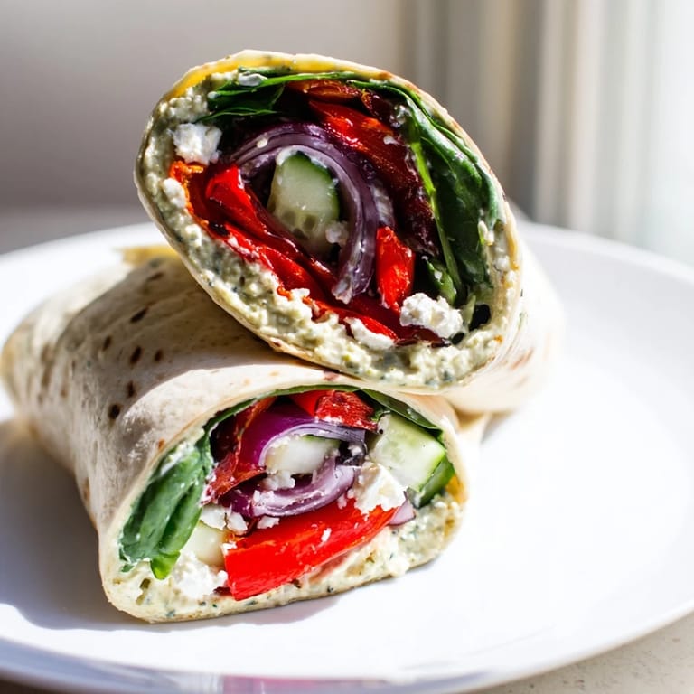 Hand-held Mediterranean Veggie Wrap cut in half, revealing colorful vegetables and hummus filling, perfect for a quick and healthy weeknight dinner.